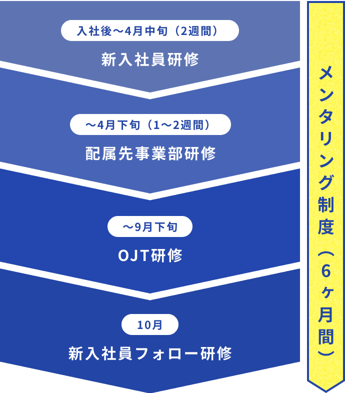 入社後から4月中旬までの2週間は新入社員研修、4月下旬までの1から2週間は配属先事業部研修、9月下旬まではOJT研修、10月は新入社員フォロー研修があります。これをメンタリング制度と言い、6ヶ月間行います。