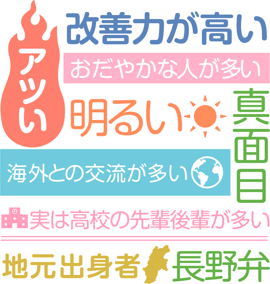 アツい・改善力が高い・おだやかな人が多い・明るい・真面目・海外との交流が多い・実は高校の先輩後輩が多い・地元出身者・長野弁