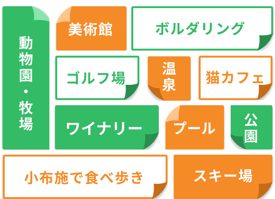 動物園・牧場・美術館・ボルダリング・ゴルフ場・温泉・猫カフェ・ワイナリー・プール・公園・小布施で食べ歩き・スキー場